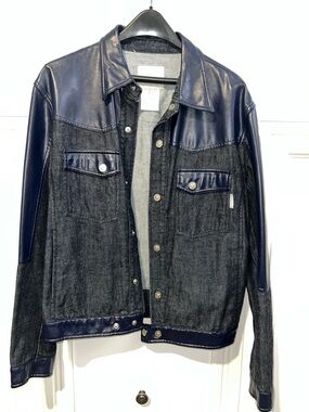 Versace Navy Leather-Trim Denim Jacket
